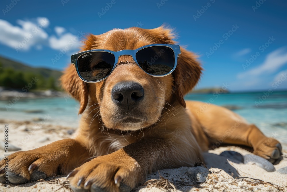Cute dog in sunglasses on vacation, lying on the beach. Summer concept. Pets on vacation