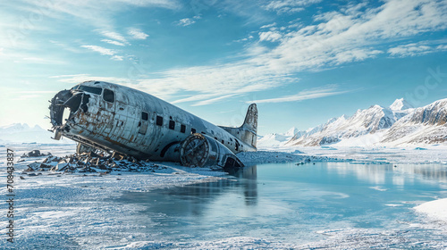 Wreck of crashed airplane in middle of Arctic or high mountains  airplane sitting in snow-covered field near pond of melted snow.