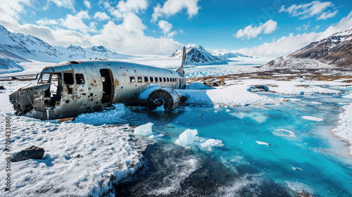 Wreck of crashed airplane in middle of Arctic or high mountains, airplane sitting in snow-covered field near pond of melted snow.