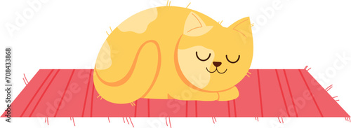 Sleeping cartoon cat on a red mat, cute feline in a peaceful nap. Relaxing pet and cozy home scene vector illustration.