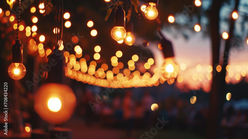 Series of warm glowing bulb string lights suspended against a twilight sky, giving off a cozy, festive atmosphere, likely in an outdoor dining or social area.