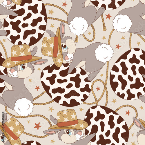Howdy cute cartoon cowboy bunny with cow spot decorated Ester egg vector seamless pattern. Wild West Happy Easter background.