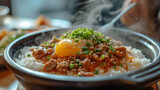 Pork Bulgogi in Hot Pan on soft, slender Japanese rice With onsen eggs. Generative AI illustration 