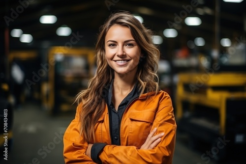 Portrait of a smiling female factory worker in an orange jumpsuit