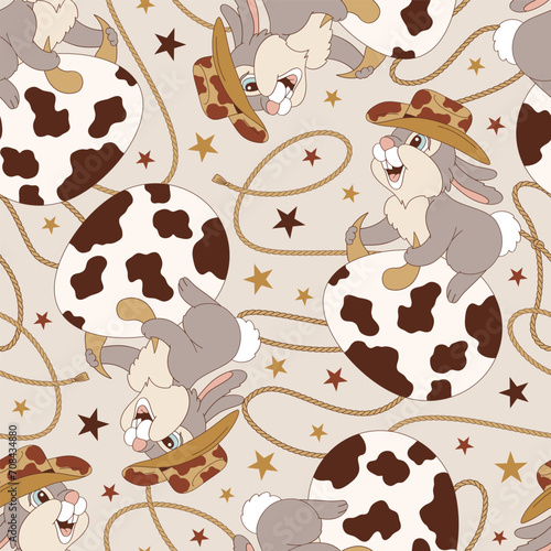 Howdy cute cartoon cowboy bunny rodeo on cow spot decorated Ester egg with bull horns vector seamless pattern. Wild West Happy Easter background.