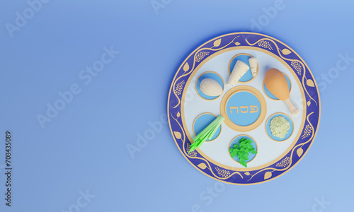 Passover holiday. Passover seder plate with traditional elements. Web banner with place for text. 3d rendering