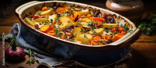 Baked comfort food with sweet potato and various root vegetables.