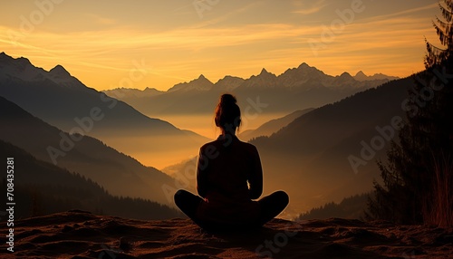 Serene woman practicing yoga in a blissful pose on the breathtaking summit of a majestic mountain