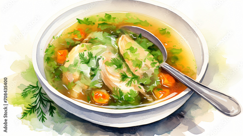 Bowl of watercolor chicken soup