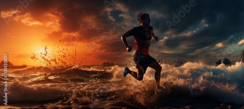 Healthy active lifestyle a man passionately jogging along the stunning ocean shore at sunrise