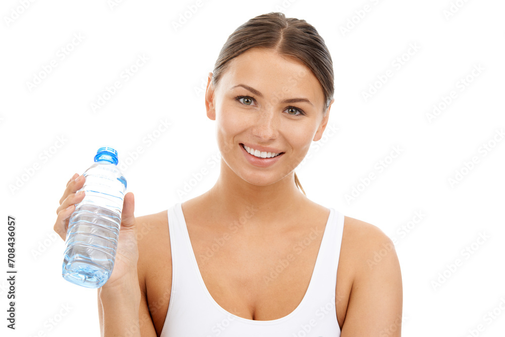 Portrait, fitness woman and water bottle in studio for sports break, energy and detox on white background. Happy athlete with liquid drink for hydration, nutrition and healthy recovery for exercise Portrait, fitness woman and water bottle in studio for sports break, energy and detox on white background. Happy athlete with liquid drink for hydration, nutrition and healthy recovery for exercise