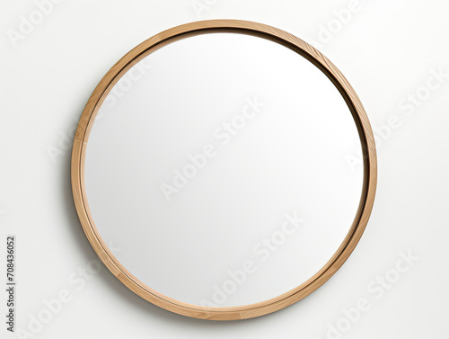 Round Wooden Framed Mirror Hanging on Wall for Home Decor or Makeup Application