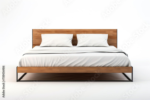 Bed With White Pillows and Wooden Frame in a Simple, Modern Style
