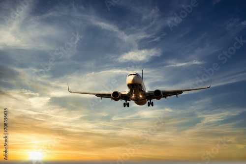 The plane is flying at dawn in a sky coloured with clouds. Passenger airplane. Transport, travel and holidays