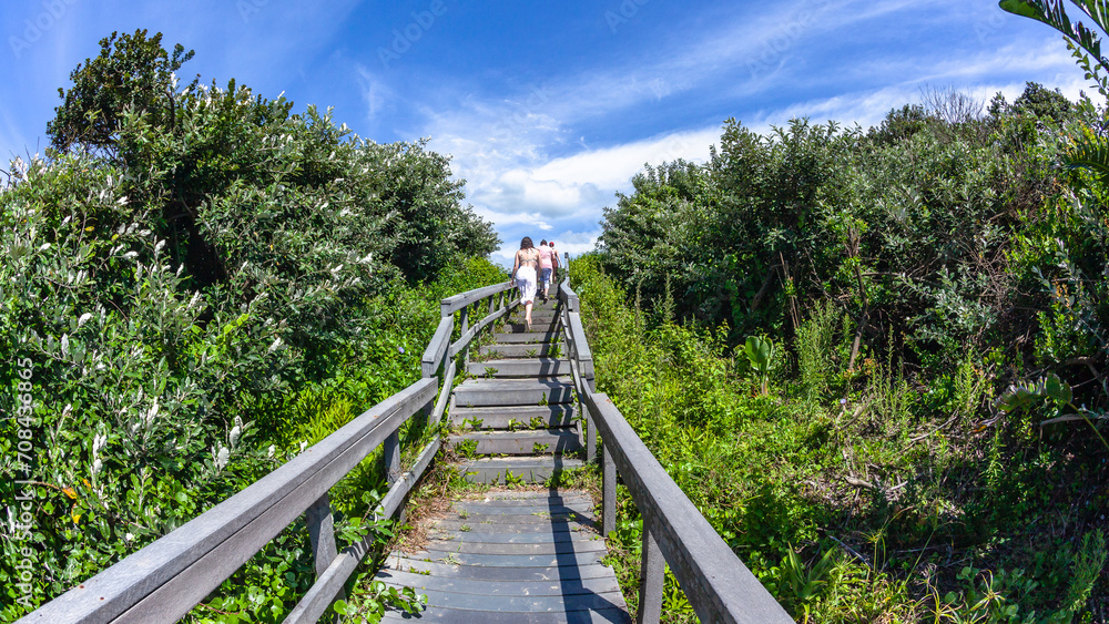 People Girls Walking Boardwalk Walkway Steps Vegetation Beach Tropical Coastline Going Home Behind Photograph People Girls Walking Boardwalk Walkway Steps Vegetation Beach Tropical Coastline Going Home Behind Photograph