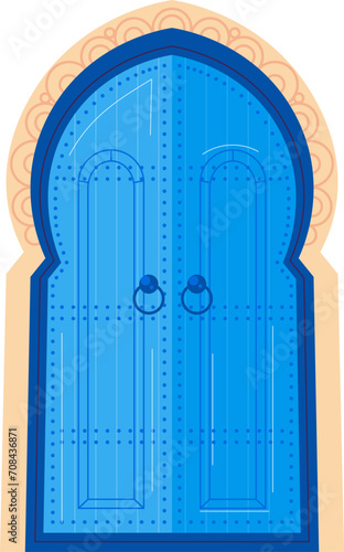 Blue Moroccan door with traditional designs and arch. Detailing of typical Moroccan architecture vector illustration.