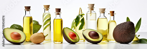 Avocado Oil and Avocados With Leaves and Surrounding Foliage, Fresh, Natural, and Vibrant