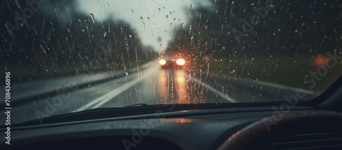 Driving in heavy rain on the highway. Blurry raindrops on the windscreen, obscuring the road ahead.