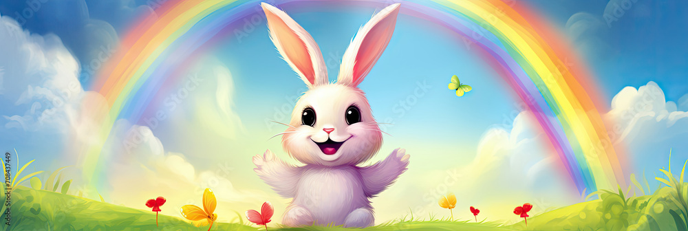 Rabbit Standing in Grass With Rainbow in Background Rabbit Standing in Grass With Rainbow in Background