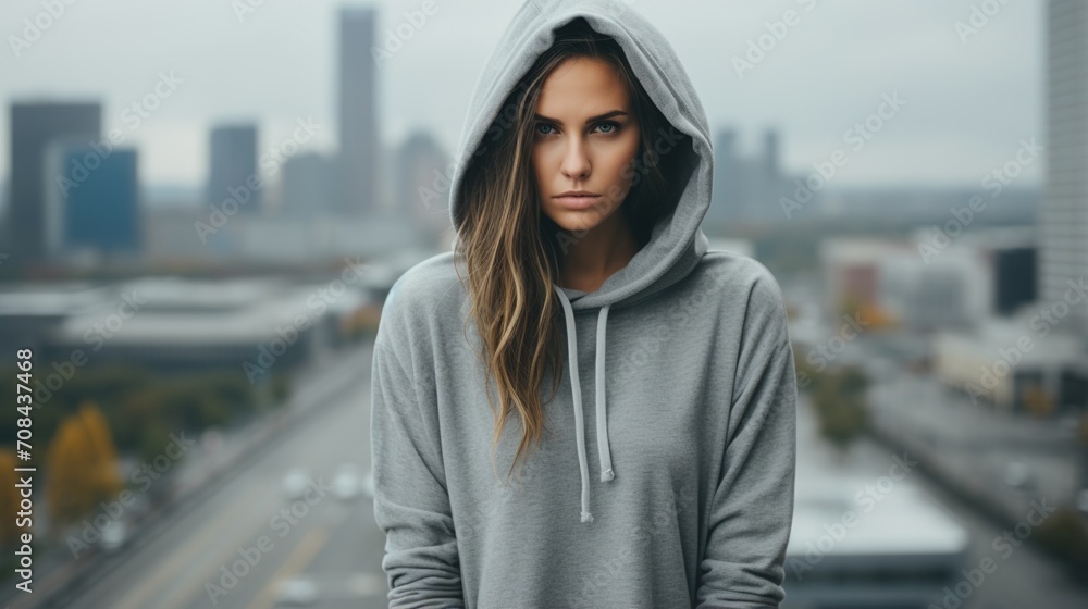 Portrait of a young woman in a gray hoodie Portrait of a young woman in a gray hoodie