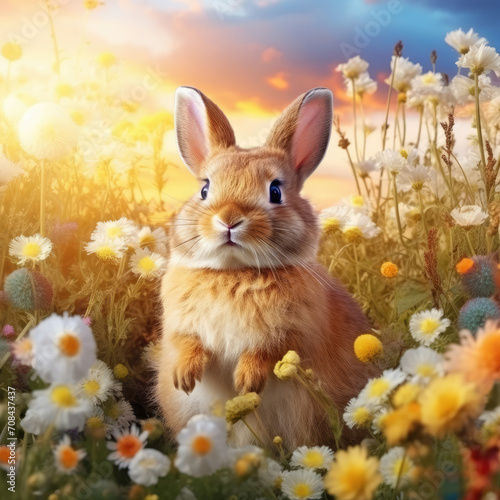 Rabbit Sitting in Field of Flowers © Piotr
