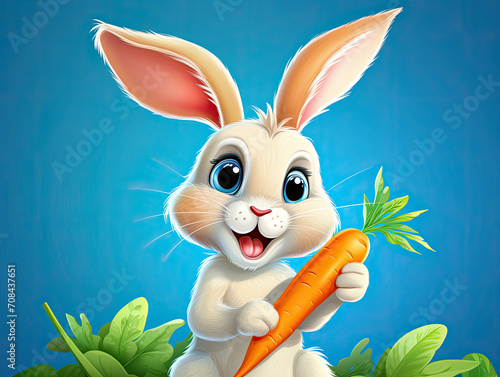 Cartoon Bunny Holding Carrot on Blue Background