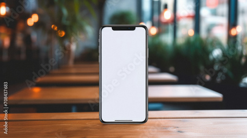 Mockup image of smartphone with blank white screen on wooden table in cafe