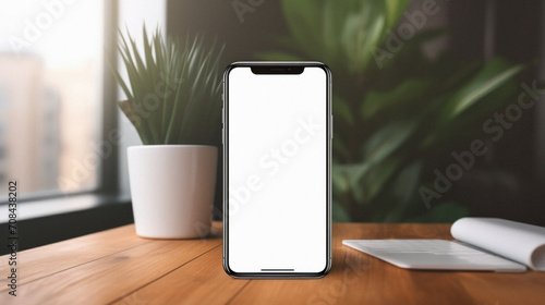 Wallpaper Mural Mockup image of smartphone with blank white screen on wooden table in office . Torontodigital.ca