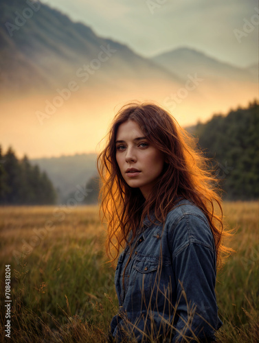Portrait of a woman with long flowing hair against a background of meadow, forest and mountains.