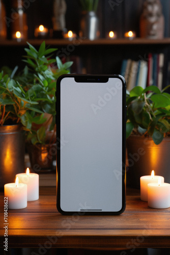 Smartphone with blank screen on wooden table near burning candles in dark room