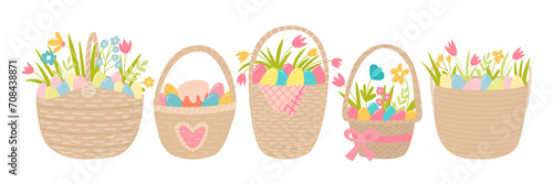 Easter baskets flat style with Easter eggs and spring flowers vector set