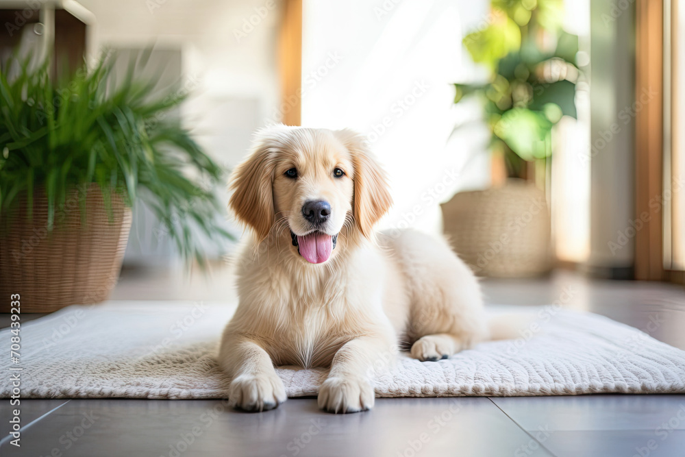 Dog Resting on Floor Rug - Domestic Canine Relaxing on Comfortable Mat