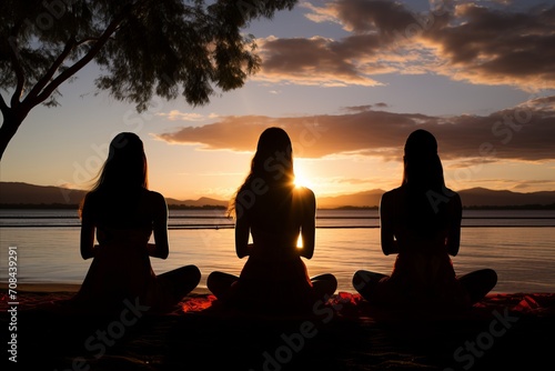 Radiant sunset beach yoga with diverse group practicing various poses in golden light