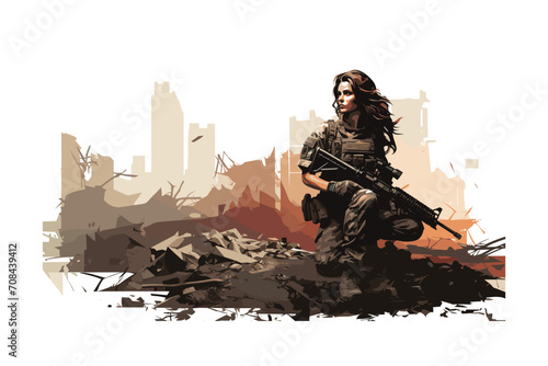 woman soldier in ruined city isolated vector style with transparent background illustration