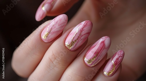 Woman hands with perfect manicure, festive nails, pink marble and gold, shiny, nail salon ad
