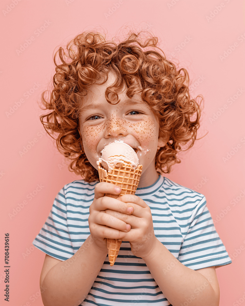 Happy Curly Boy with Freckles Enjoying Gelato on Pastel Pink Background Happy Curly Boy with Freckles Enjoying Gelato on Pastel Pink Background