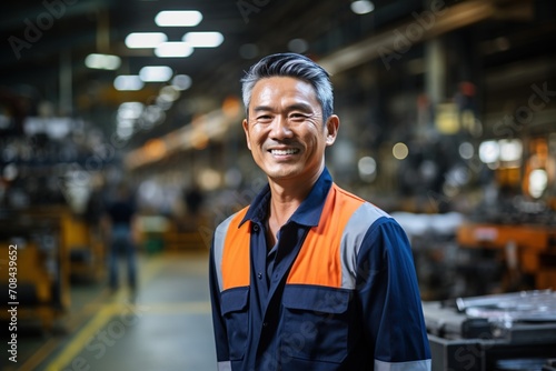 Portrait of a happy Asian male factory worker wearing a blue uniform and orange safety vest