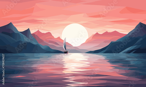 Leinwand Poster Boat water mountains sunrise contemporary art geometric illustration vector