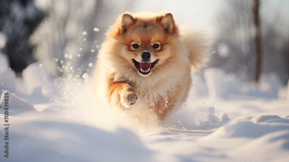 Fluffy human friend happy dog playing in the snow