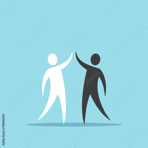 Two different men, high five gesture. Unity, variety, deal, teamwork, friendship, greeting and celebration concept. Flat design. EPS 8 vector illustration, no transparency, no gradients