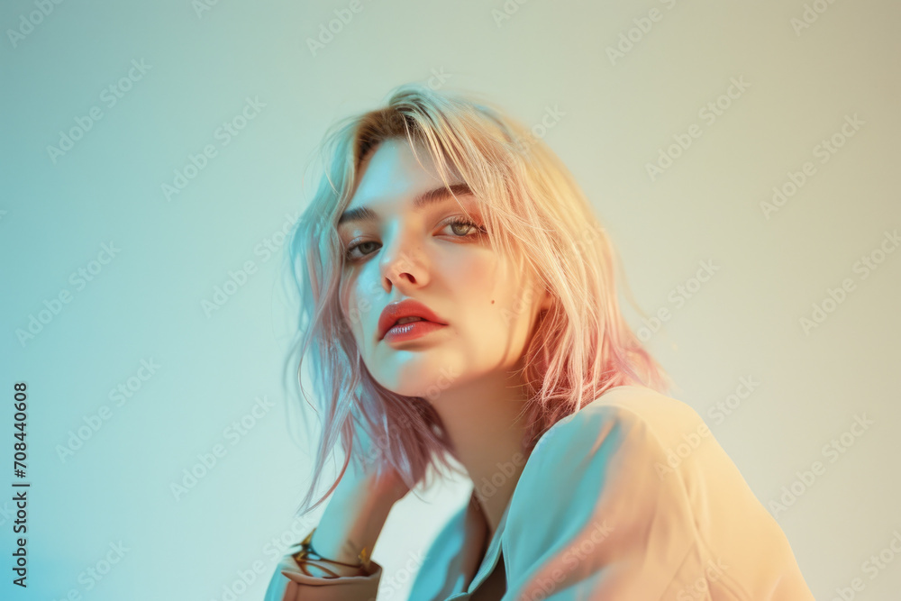 Young European woman in her late 20s, exuding elegance in a high - fashion studio setting. Blonde hair with pink highlights and couture outfit and accessories. Young European woman in her late 20s, exuding elegance in a high - fashion studio setting. Blonde hair with pink highlights and couture outfit and accessories.
