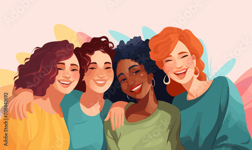 multicultural diverse group of women friends smiling happy vector illustration