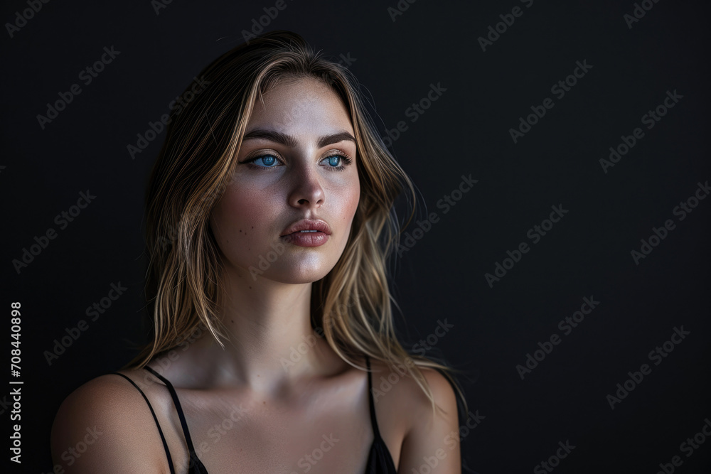 studio - lit portrait of a 28 - year - old Caucasian woman. She exudes confidence, adorned in high - end fashion, with dramatic studio lighting emphasizing her features. studio - lit portrait of a 28 - year - old Caucasian woman. She exudes confidence, adorned in high - end fashion, with dramatic studio lighting emphasizing her features.