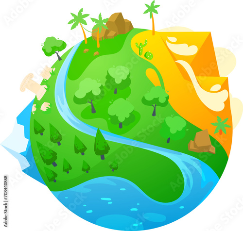 Colorful stylized globe with different landscapes, river flowing, trees, and desert. Earth s diverse environments in a creative design. Geography and ecology education vector illustration.