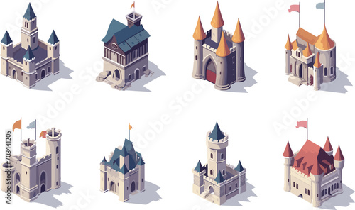castle set isometric vector flat minimalistic isolated illustration