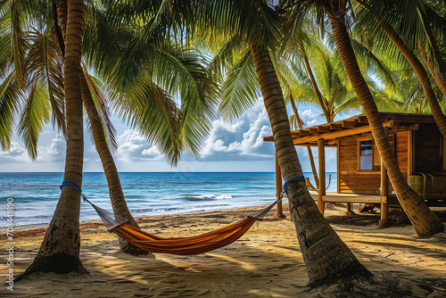 Depict a beachfront cabin located on a secluded shore. A hammock is strung lazily between palm trees