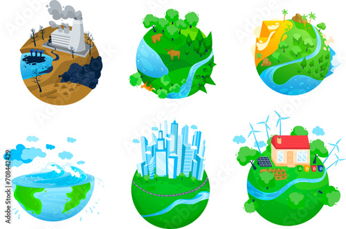 Set of eco-friendly concepts showing polluted and clean environments a green city and sustainable house with solar panels and wind turbines. Ecology and environmental care vector illustration.