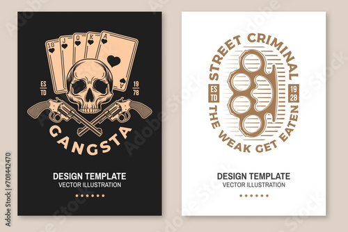 Set of gangster banner, poster. Vector illustration. Vintage monochrome label, sticker, patch with knuckle, skeleton skull and pocker cards silhouette