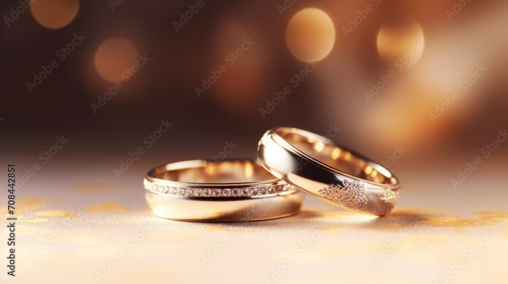 Elegant Wedding Rings on Warm Golden Backdrop, Symbol of Love Elegant Wedding Rings on Warm Golden Backdrop, Symbol of Love