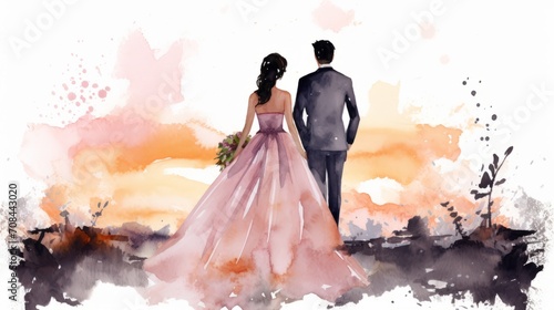Watercolor couple silhouette against sunset, romantic wedding concept